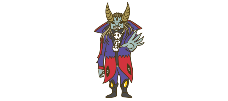 大きな角を生やしマントを着て手を差し出す魔王のイラスト | ビジネス・資料に使える人物イラスト専門サイト。