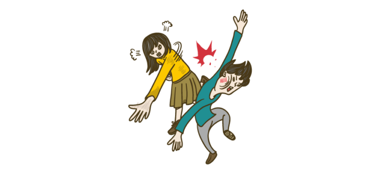 怒ってビンタをする女性と吹き飛ぶ男性のイラスト | ビジネス・資料に使える人物イラスト専門サイト。