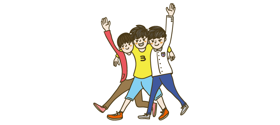 3人で仲良く肩を組んで笑顔で手を挙げる人のイラスト | ビジネス・資料に使える人物イラスト専門サイト。