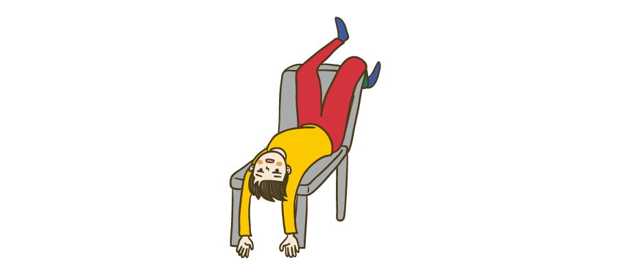 椅子でひっくり返って力尽きた男性のイラスト | ビジネス・資料に使える人物イラスト専門サイト。