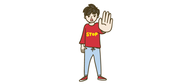 手を前に出して「ストップ！」と制止する男性のイラスト | ビジネス・資料に使える人物イラスト専門サイト。