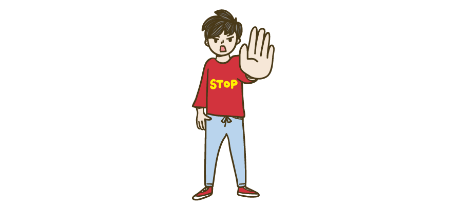 手を前に出して「ストップ!」と制止する男性のイラスト | ビジネス・資料に使える人物イラスト専門サイト。