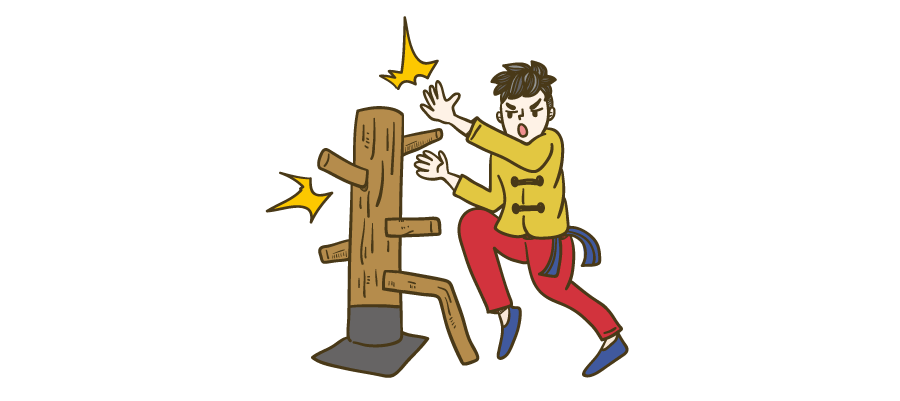 木人椿（もくじんとう）でカンフーの修行をする男性のイラスト 