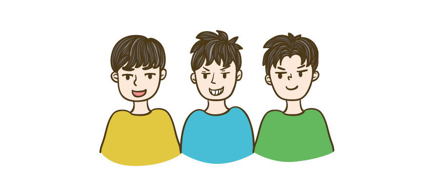 笑顔で並ぶ3人の若い男性のイラスト | ビジネス・資料に使える人物イラスト専門サイト。