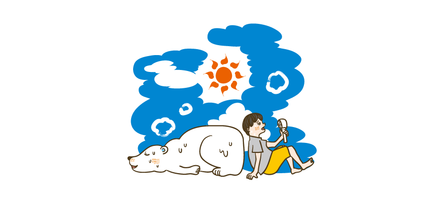 猛暑でぐったりする男性とシロクマのイラスト | ビジネス・資料に使える人物イラスト専門サイト。